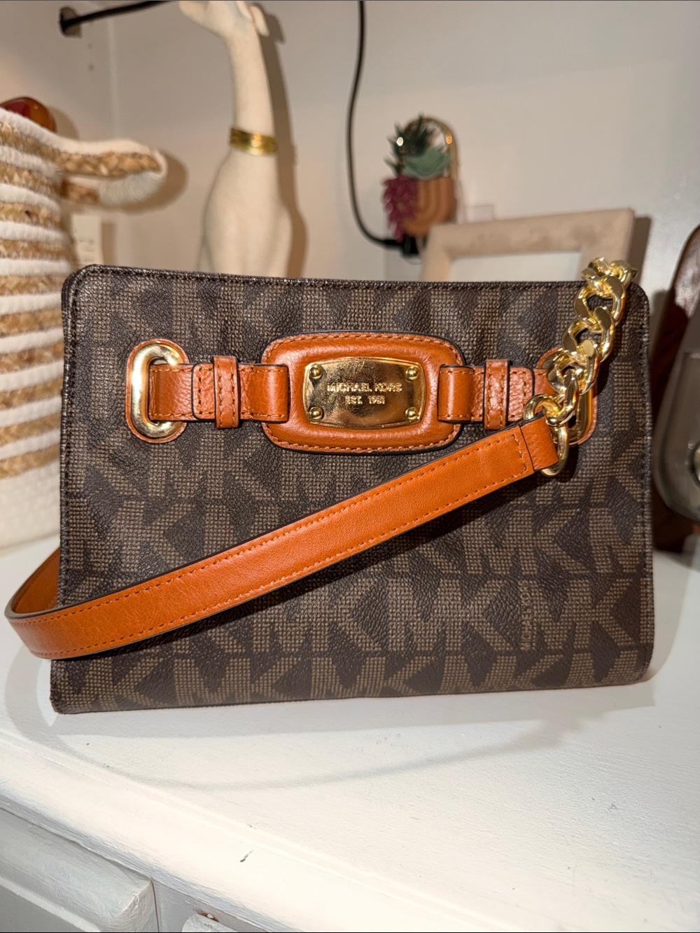 Michael Kors Brown MK Monogram Crossbody with Tan Strap and Gold Hardware